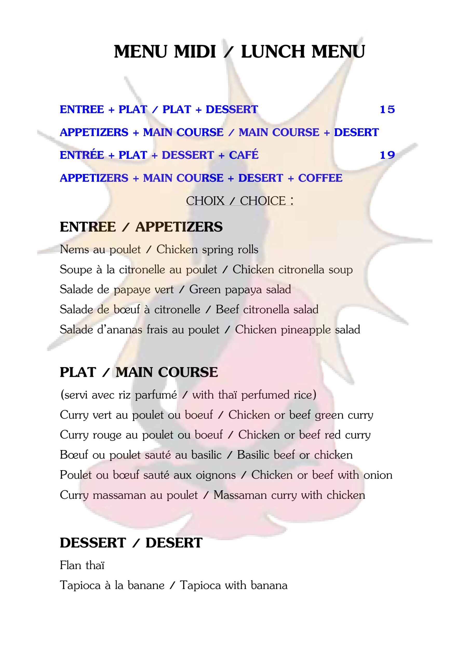 Menu du déjeuner restaurant thaï, formules avec entrée, plat, dessert et café