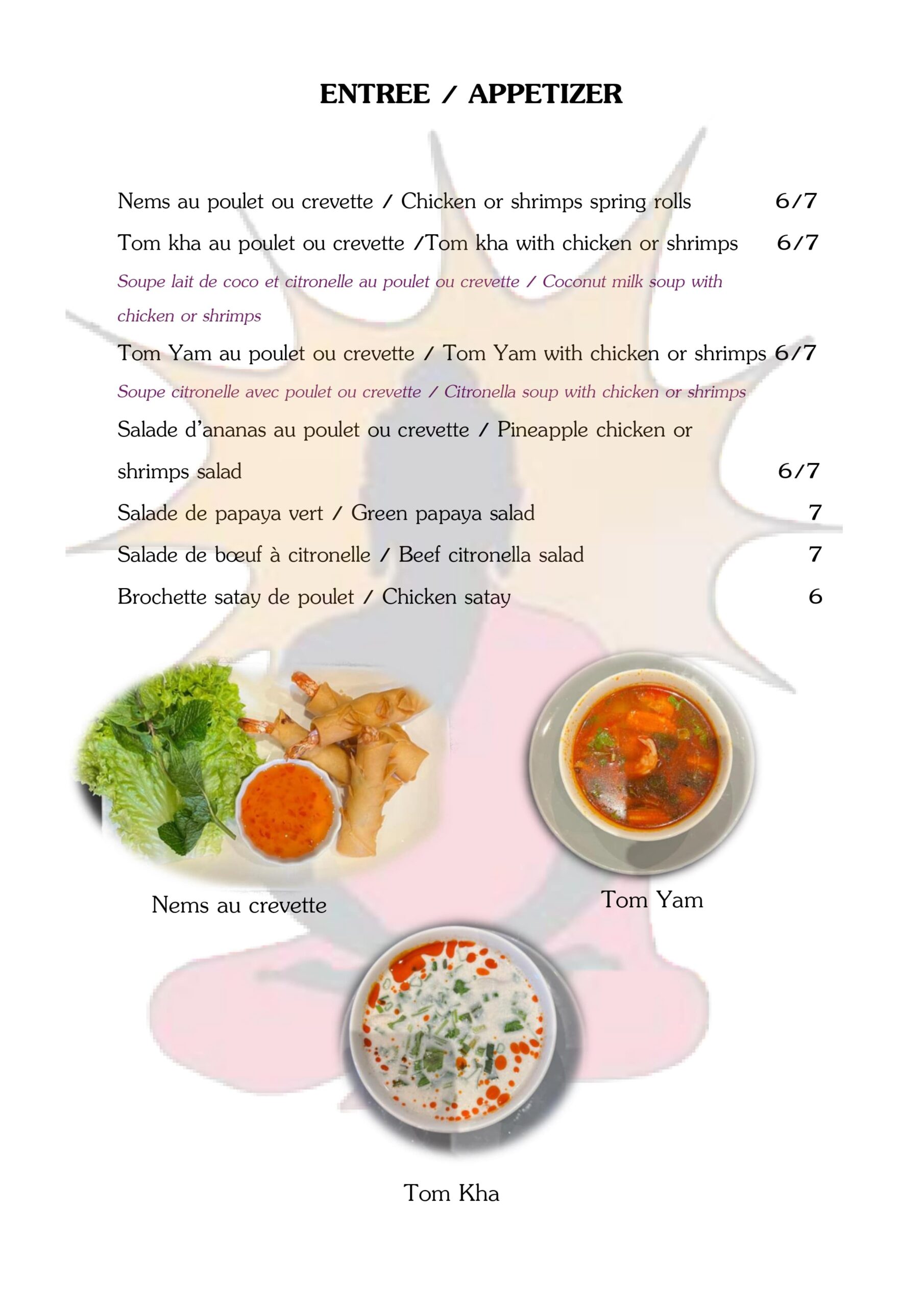 Entrées thaïlandaises - nems, soupes Tom Kha, Tom Yam, salade de papaye