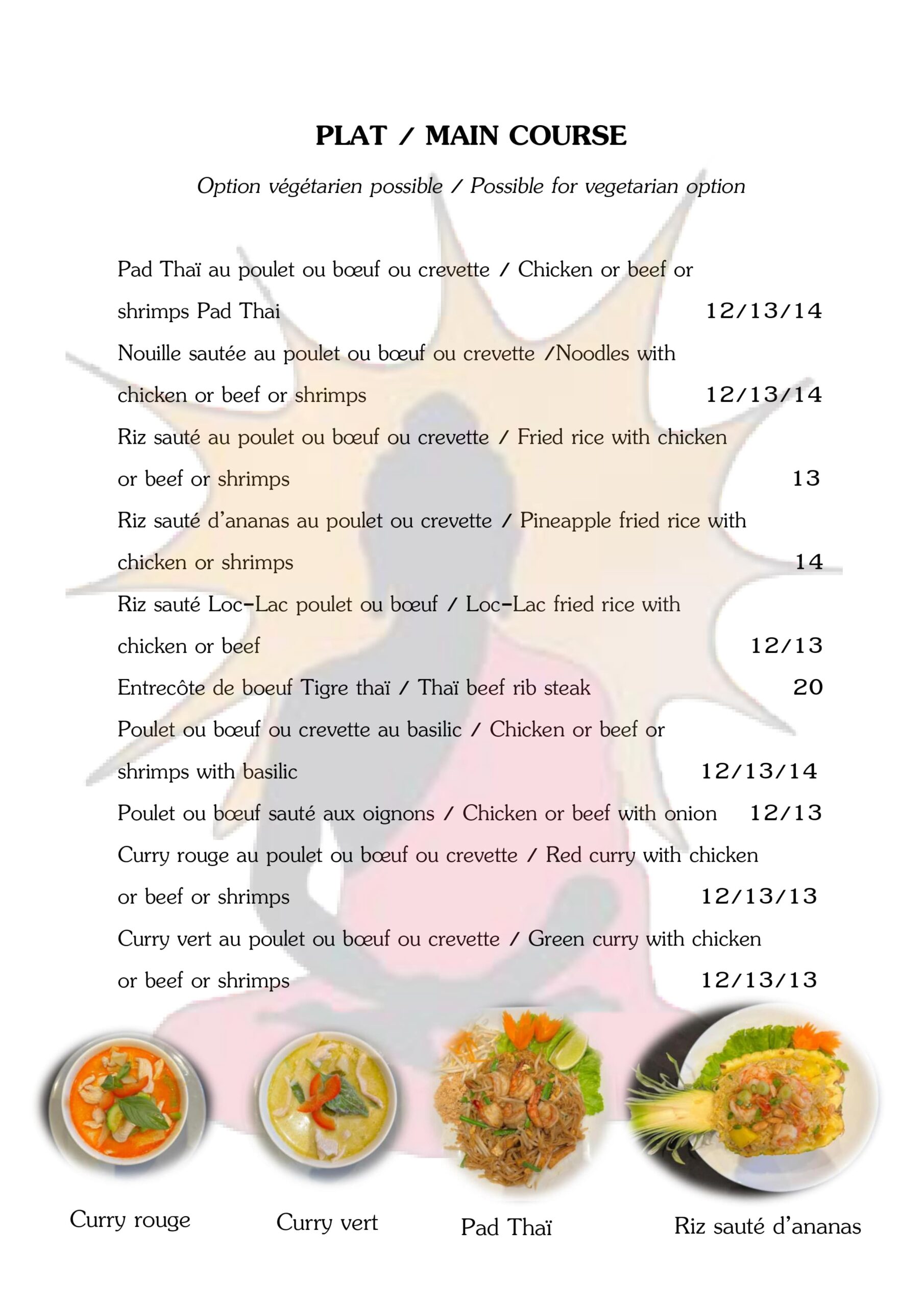 Plats principaux thaïlandais - curry vert, curry rouge, pad thaï, riz sauté